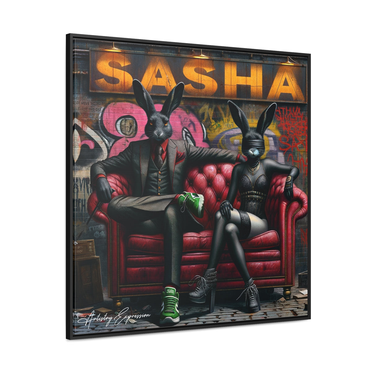 Playful Intrigue: Graffiti Mural with Anthropomorphic Rabbits