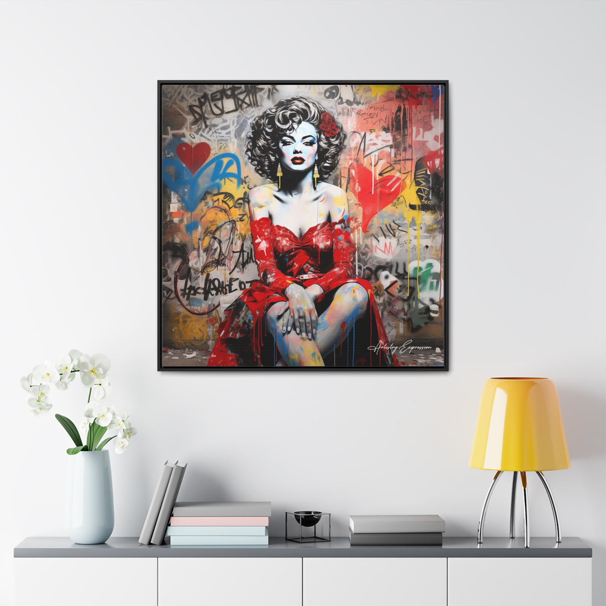 Graffiti Couture: Red-Dressed Lady in Urban Scene