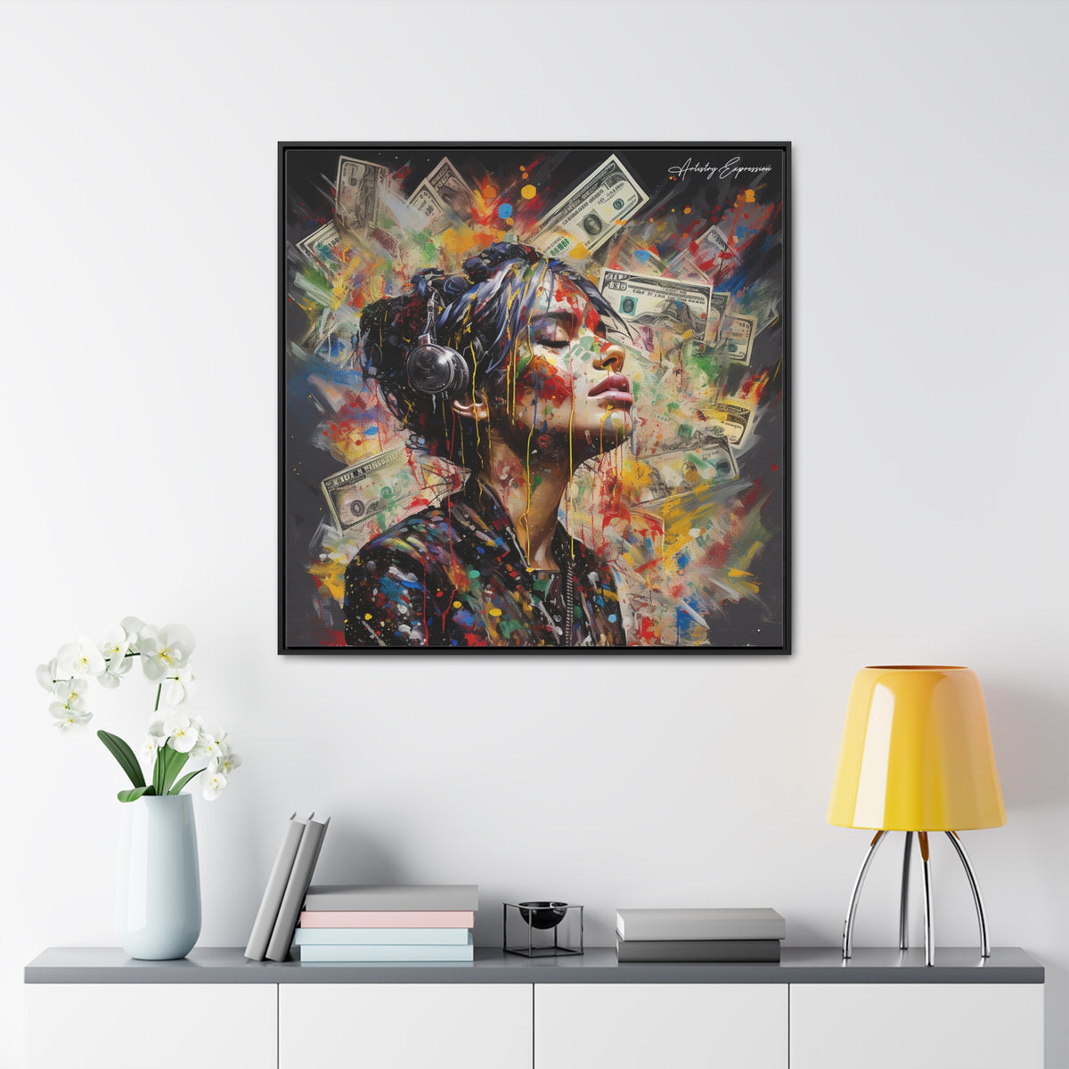 Urban Beats: Graffiti Canvas Featuring Girl with Music and Money