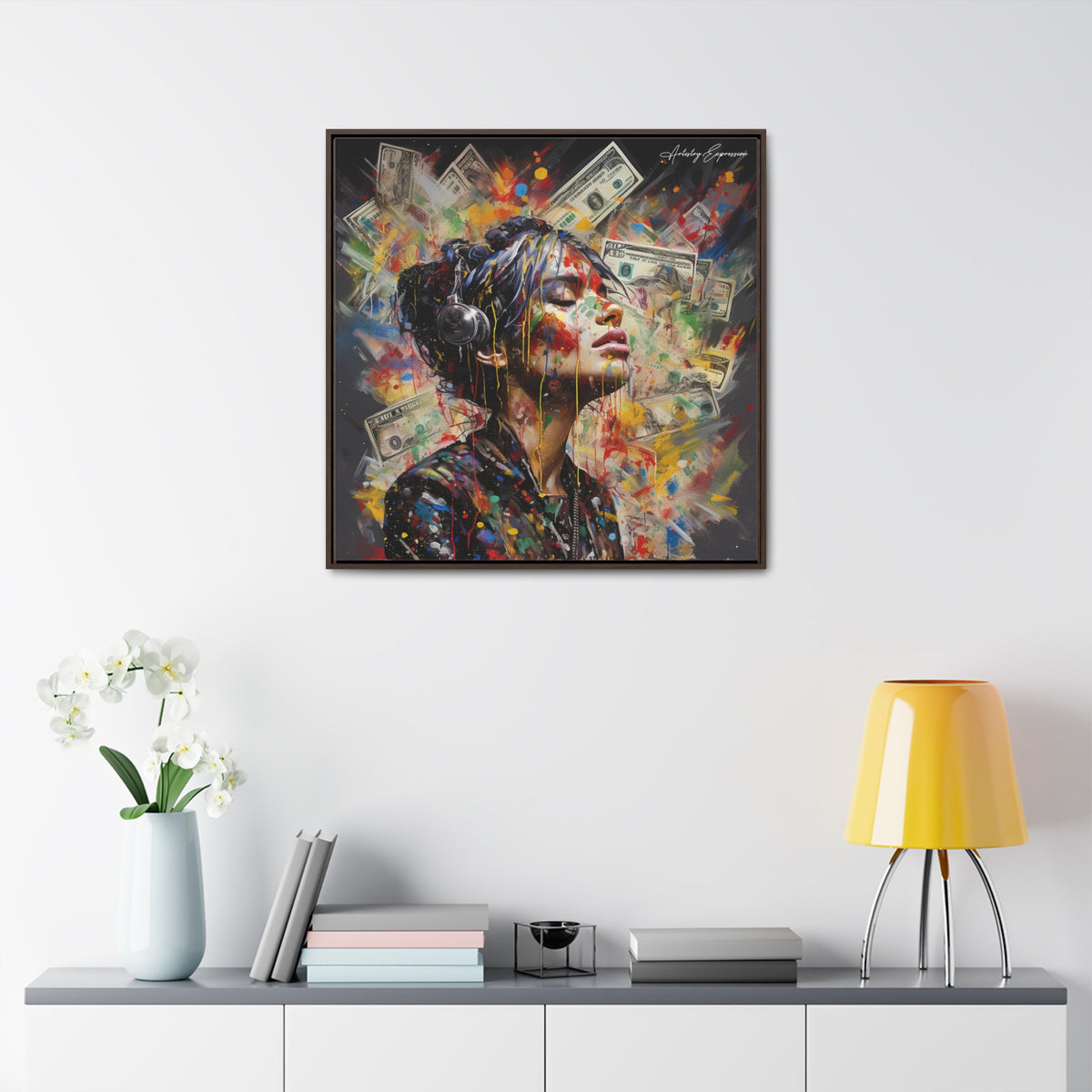 Urban Beats: Graffiti Canvas Featuring Girl with Music and Money