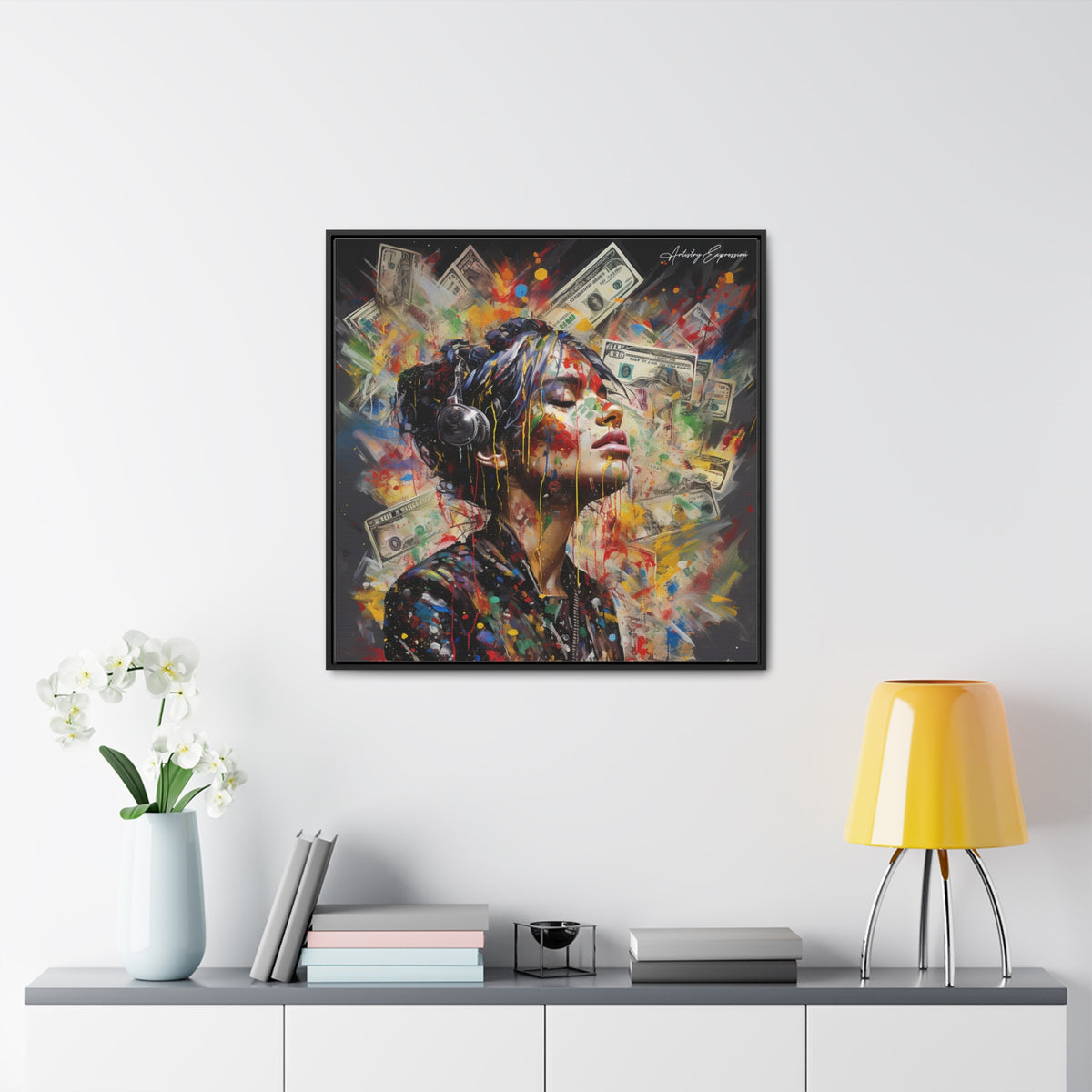Urban Beats: Graffiti Canvas Featuring Girl with Music and Money