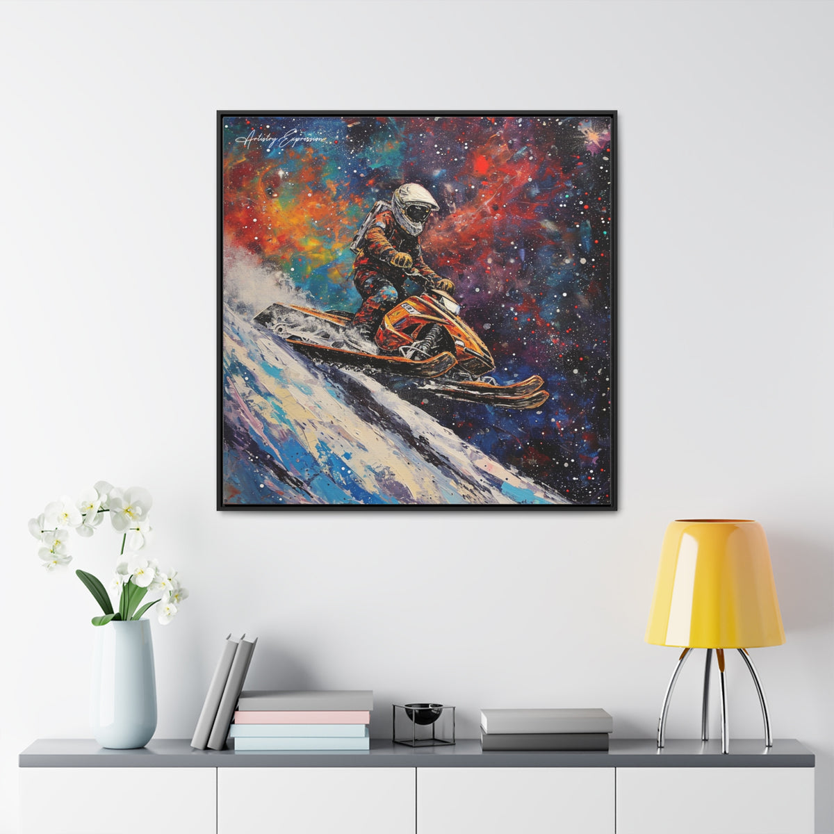 Snowmobile Odyssey: Astronaut's Colorful Space Journey