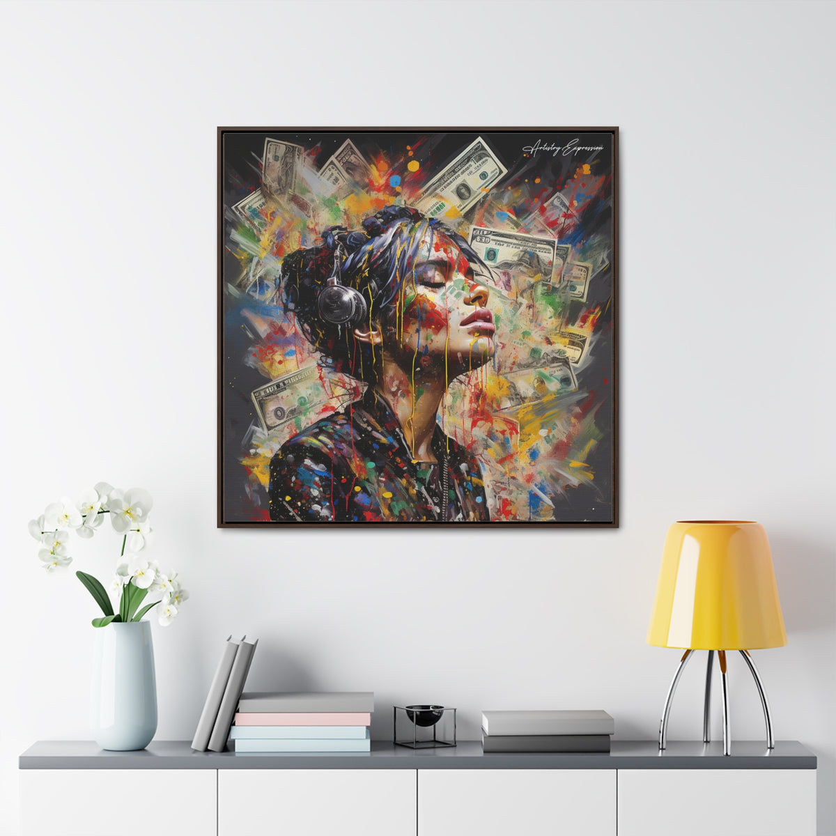 Urban Beats: Graffiti Canvas Featuring Girl with Music and Money