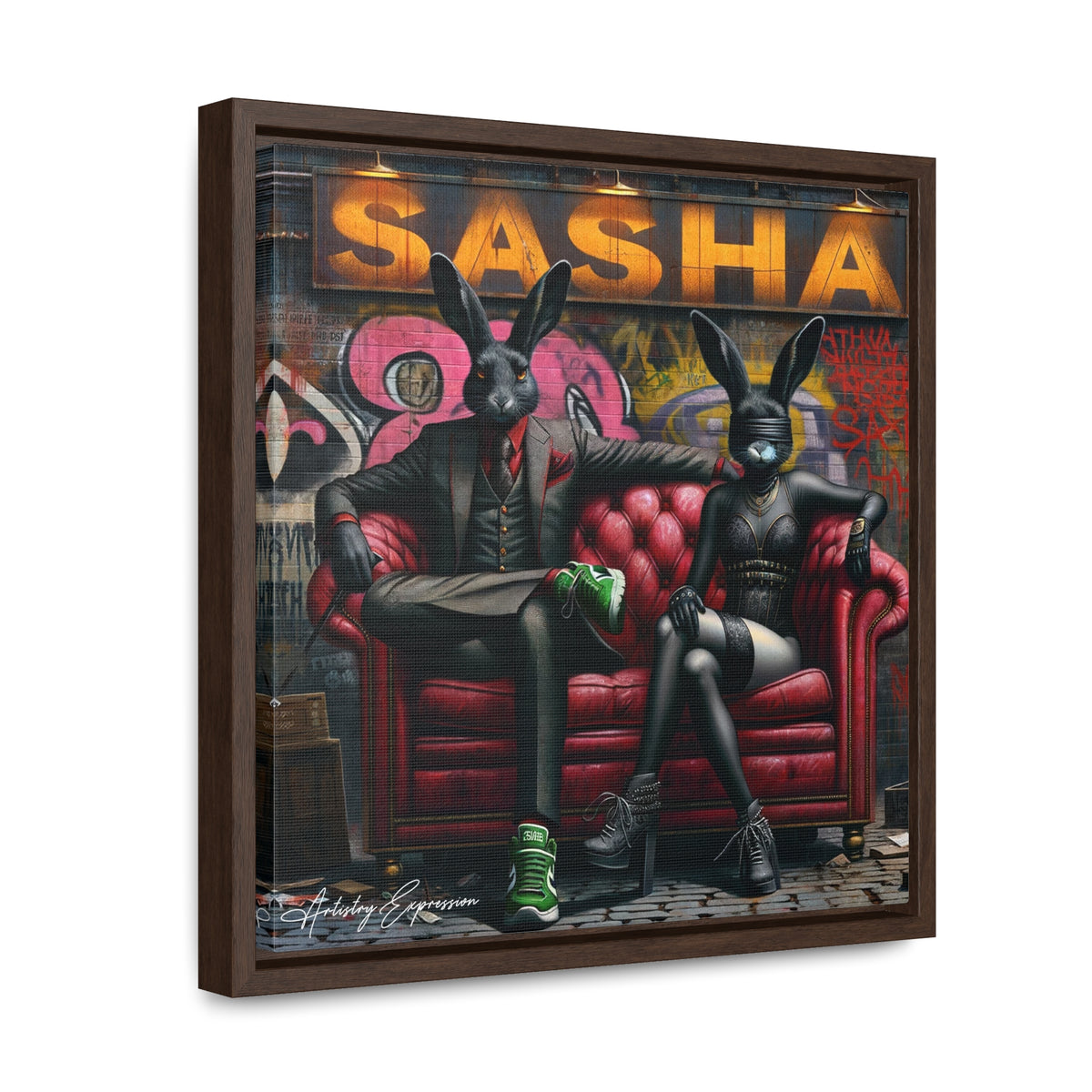 Playful Intrigue: Graffiti Mural with Anthropomorphic Rabbits