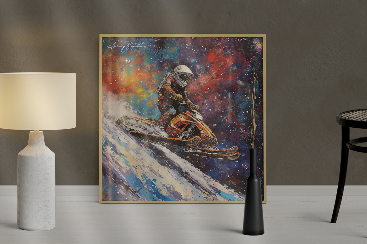 Snowmobile Odyssey: Astronaut's Colorful Space Journey