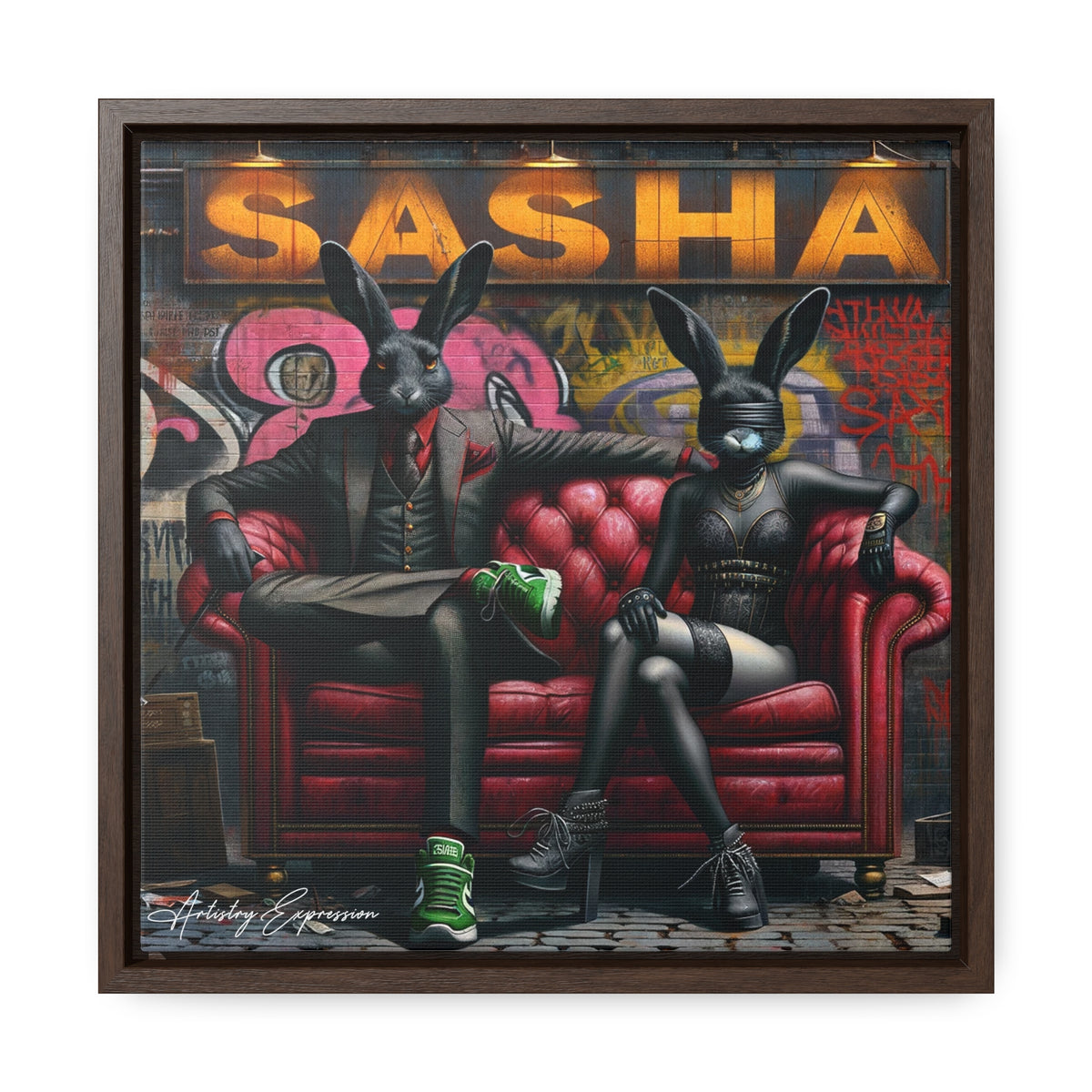 Playful Intrigue: Graffiti Mural with Anthropomorphic Rabbits