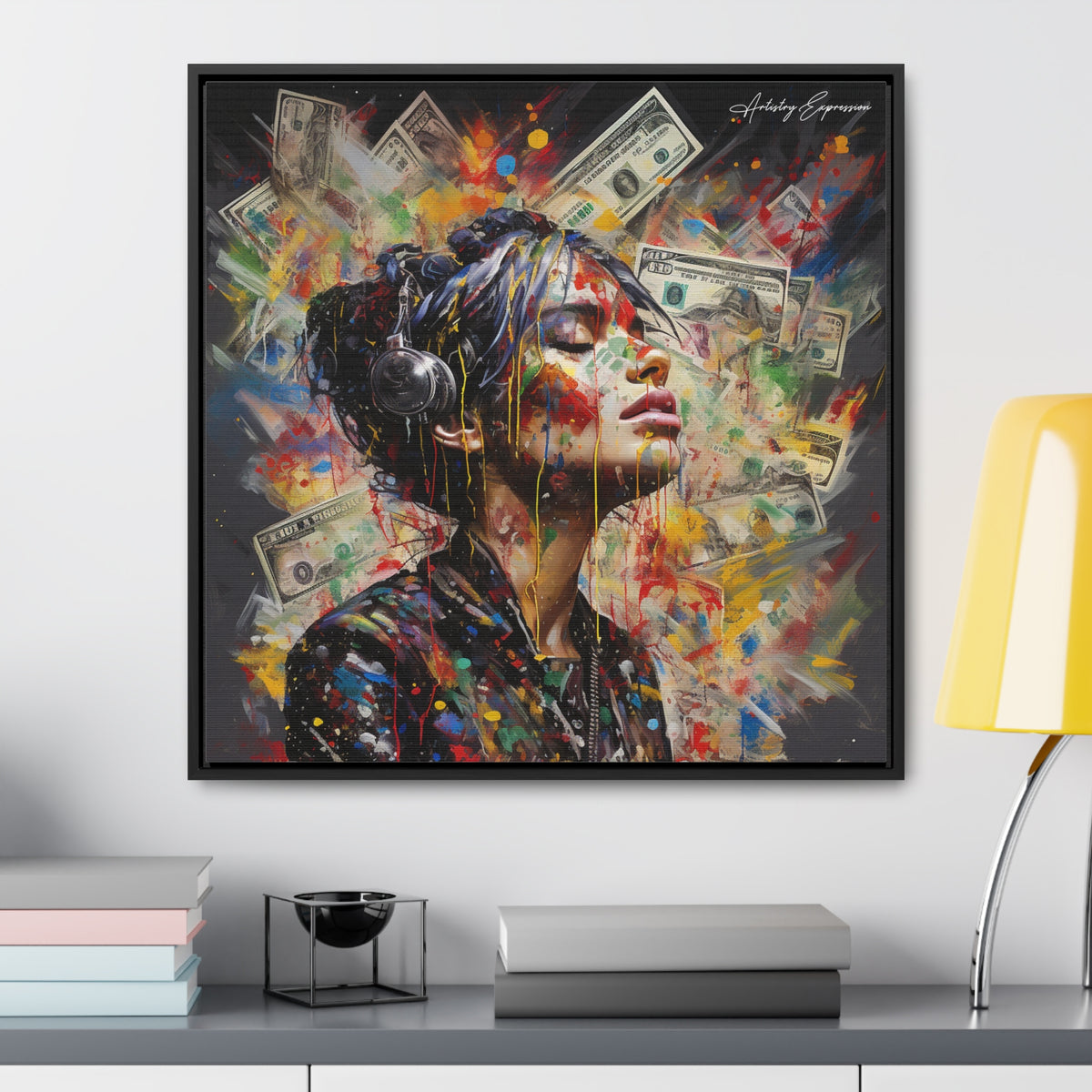 Urban Beats: Graffiti Canvas Featuring Girl with Music and Money