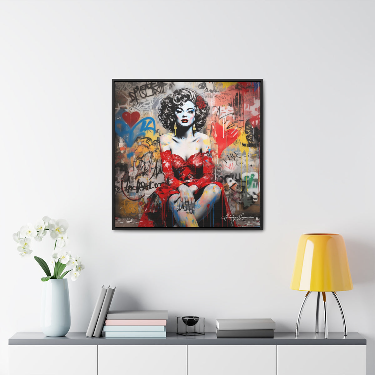 Graffiti Couture: Red-Dressed Lady in Urban Scene