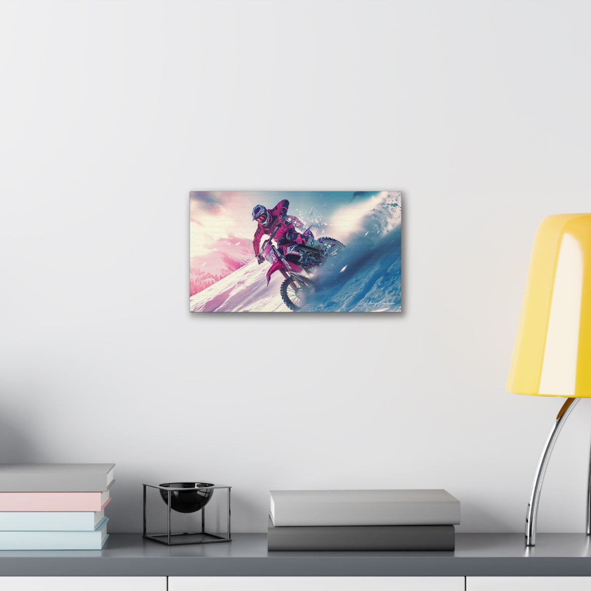 Motorcycle Racing Through a Snowy Palette