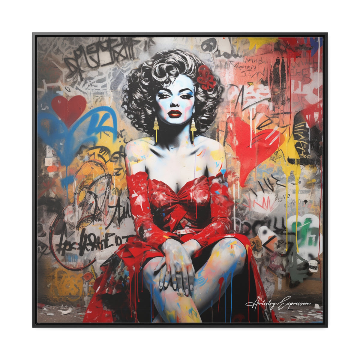 Graffiti Couture: Red-Dressed Lady in Urban Scene