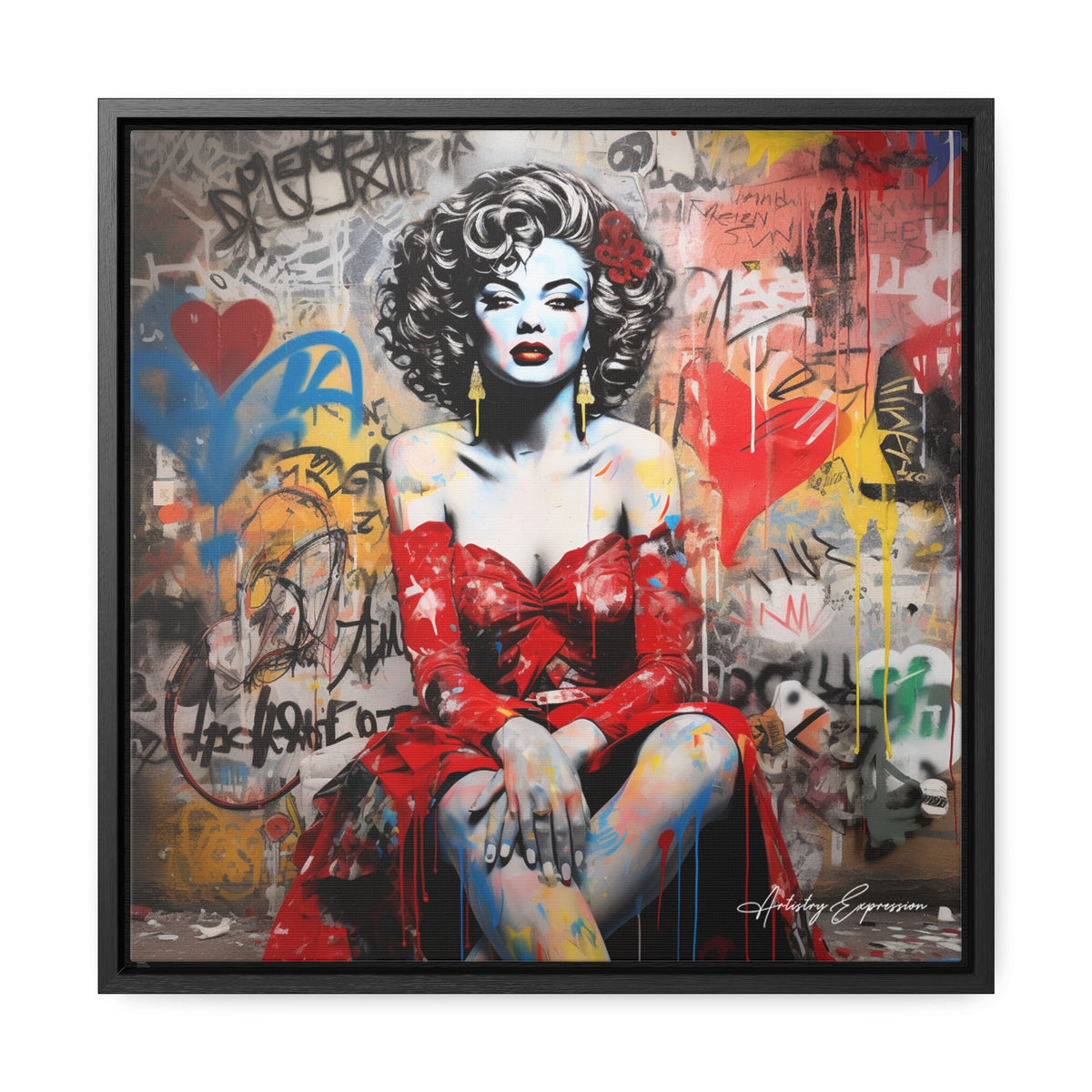 Graffiti Couture: Red-Dressed Lady in Urban Scene
