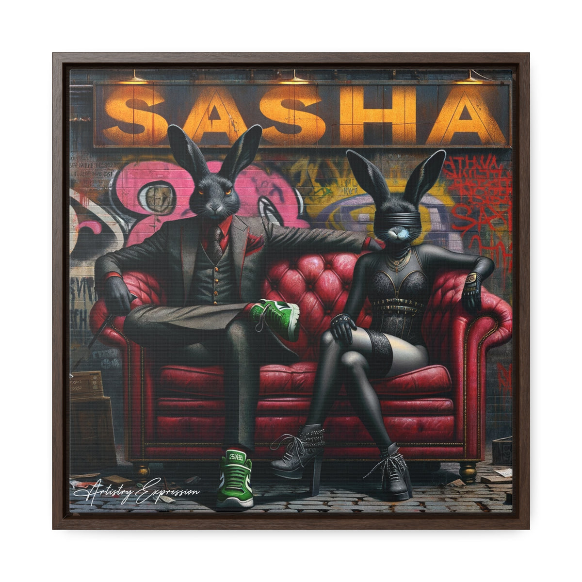 Playful Intrigue: Graffiti Mural with Anthropomorphic Rabbits