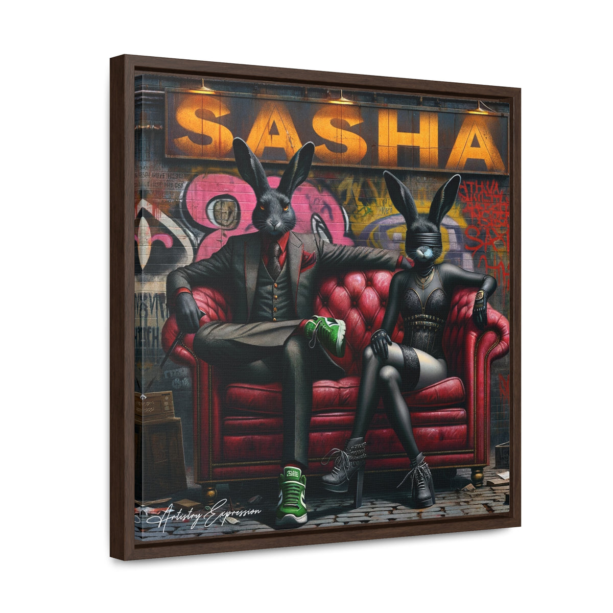 Playful Intrigue: Graffiti Mural with Anthropomorphic Rabbits