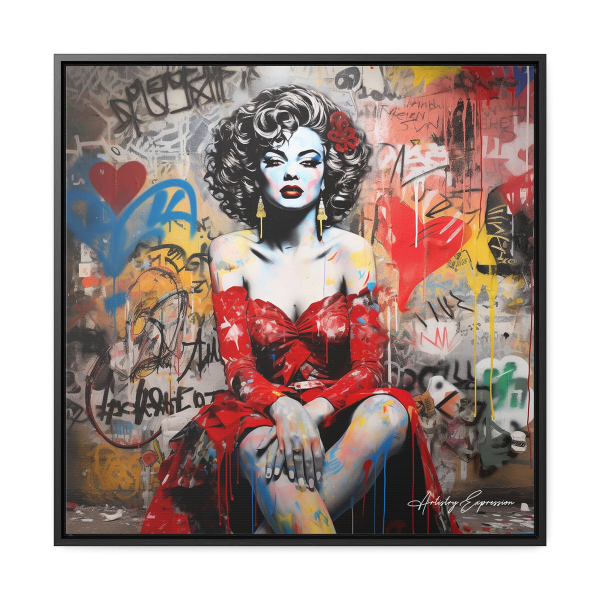 Graffiti Couture: Red-Dressed Lady in Urban Scene