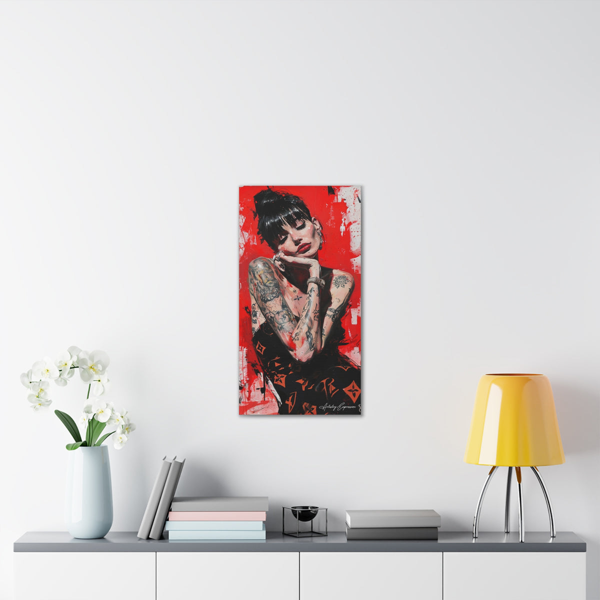 Red-Tinted Portrait of a Woman with Tattoos