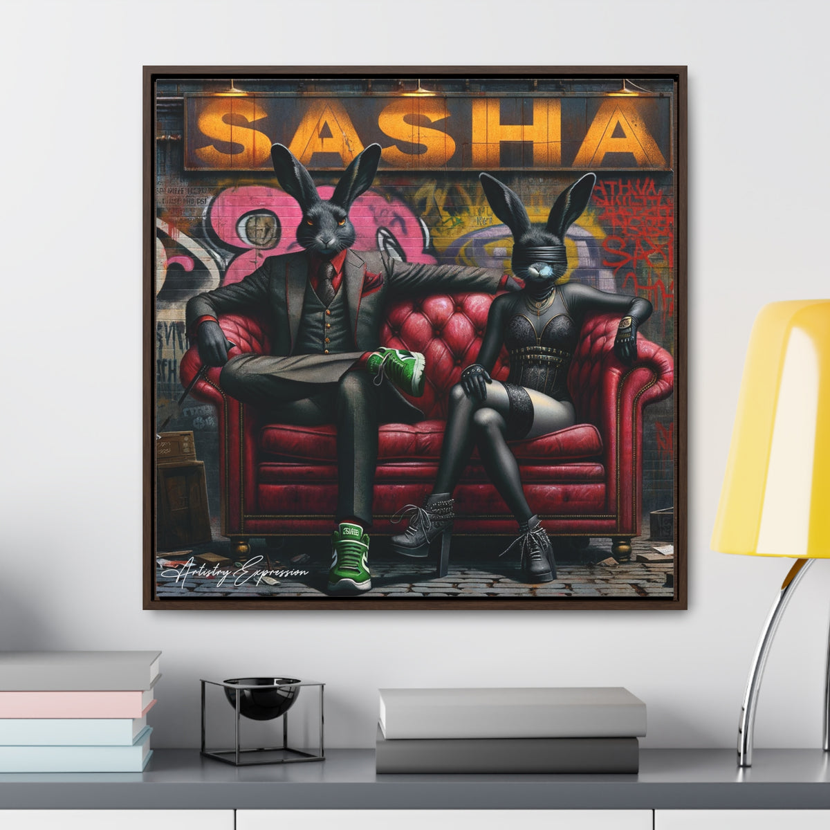 Playful Intrigue: Graffiti Mural with Anthropomorphic Rabbits