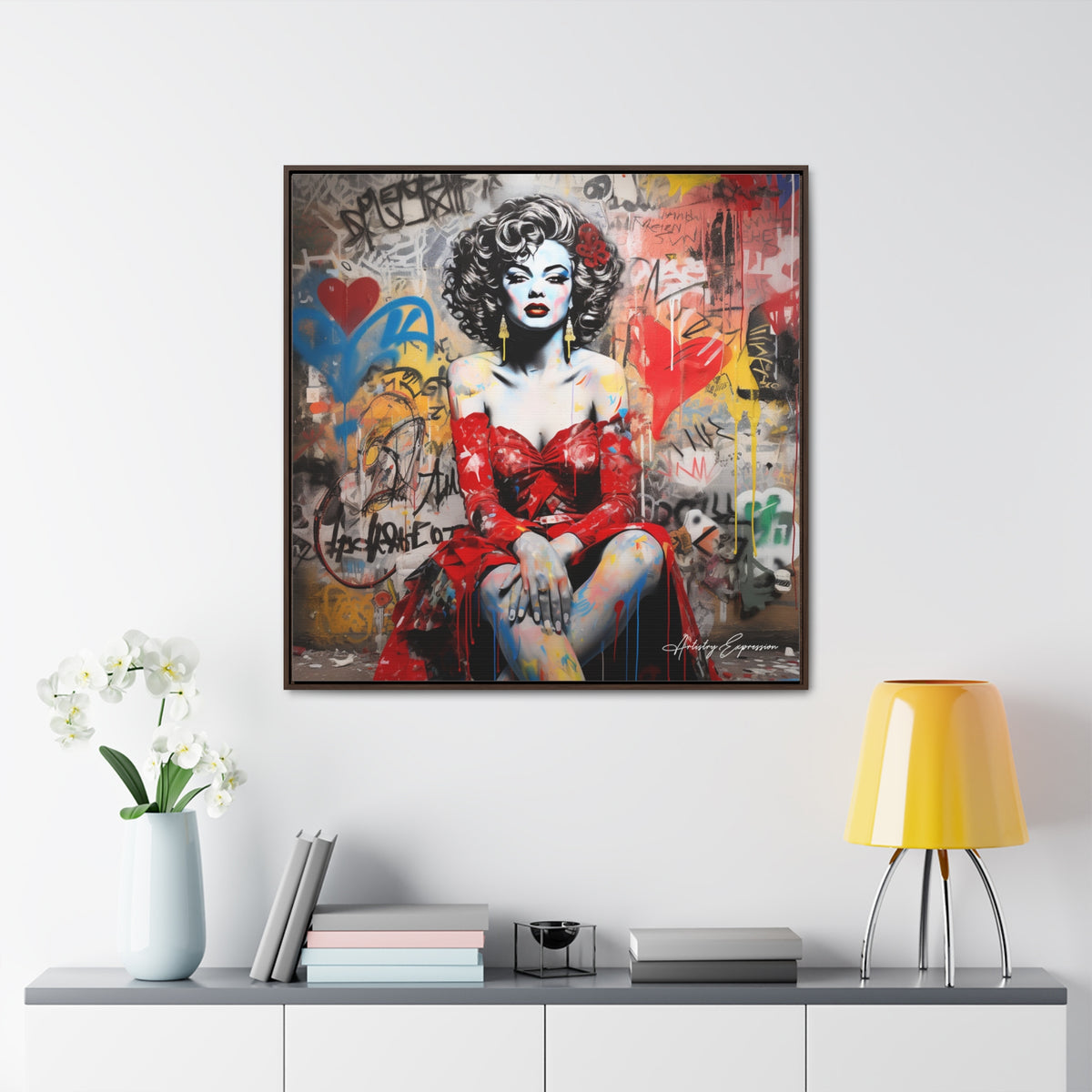 Graffiti Couture: Red-Dressed Lady in Urban Scene