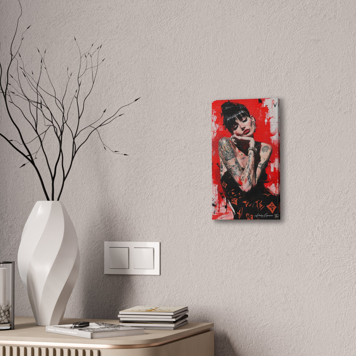 Red-Tinted Portrait of a Woman with Tattoos
