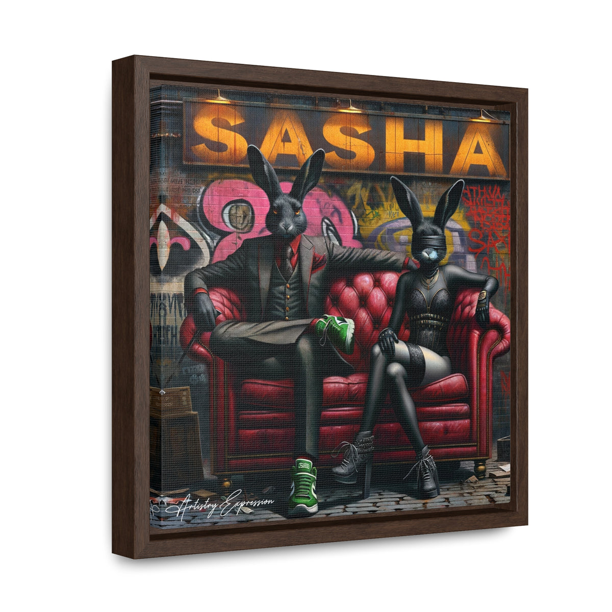 Playful Intrigue: Graffiti Mural with Anthropomorphic Rabbits