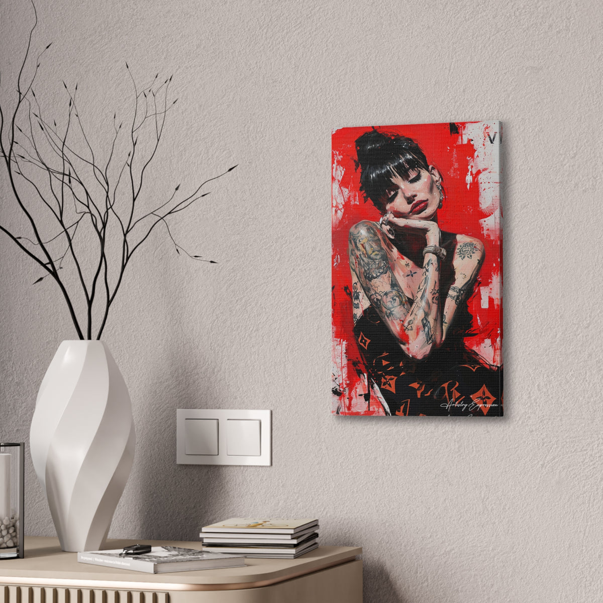 Red-Tinted Portrait of a Woman with Tattoos