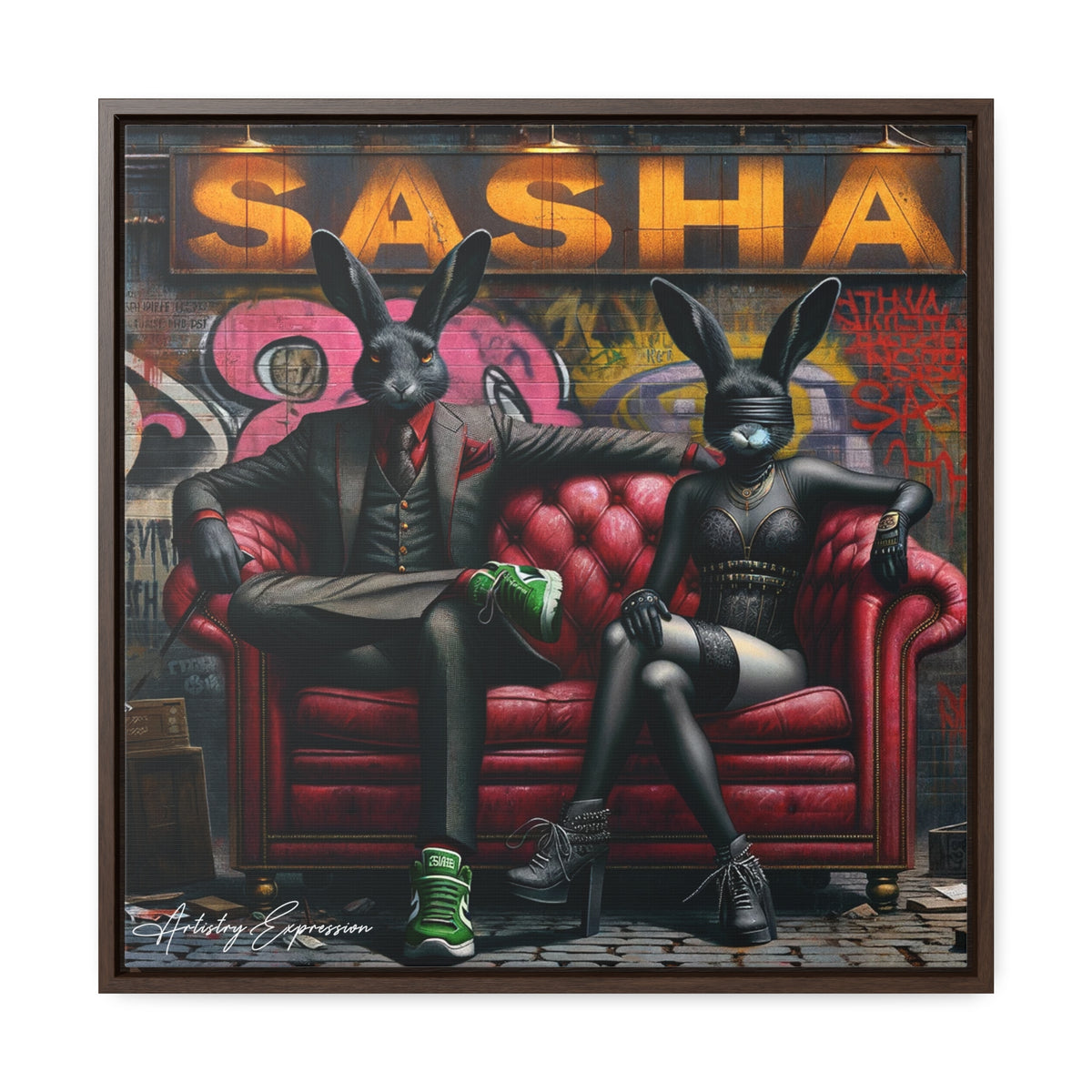 Playful Intrigue: Graffiti Mural with Anthropomorphic Rabbits