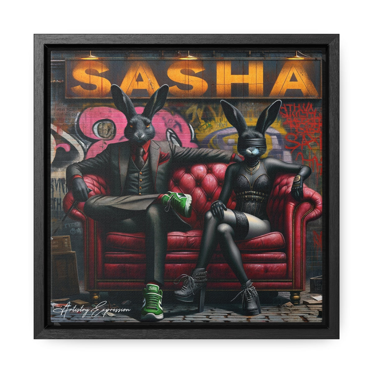 Playful Intrigue: Graffiti Mural with Anthropomorphic Rabbits