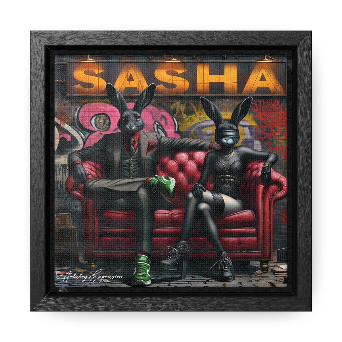 Playful Intrigue: Graffiti Mural with Anthropomorphic Rabbits