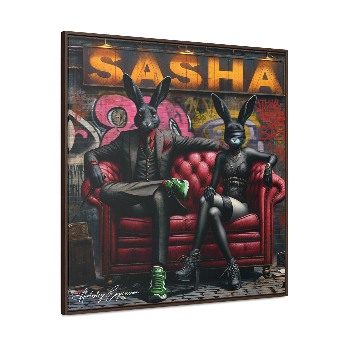 Playful Intrigue: Graffiti Mural with Anthropomorphic Rabbits