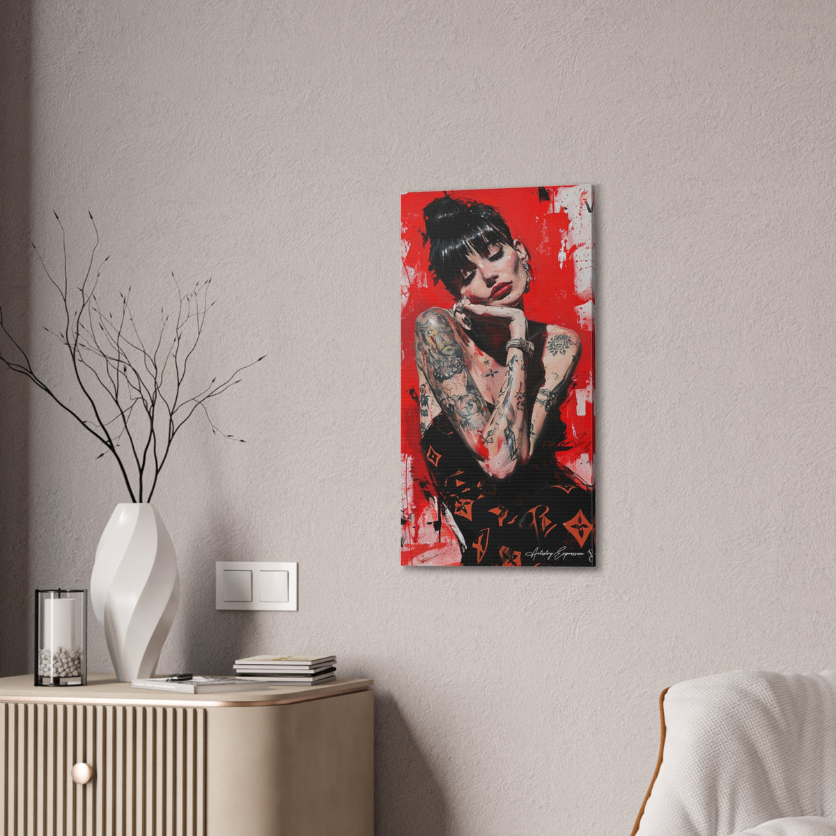 Red-Tinted Portrait of a Woman with Tattoos
