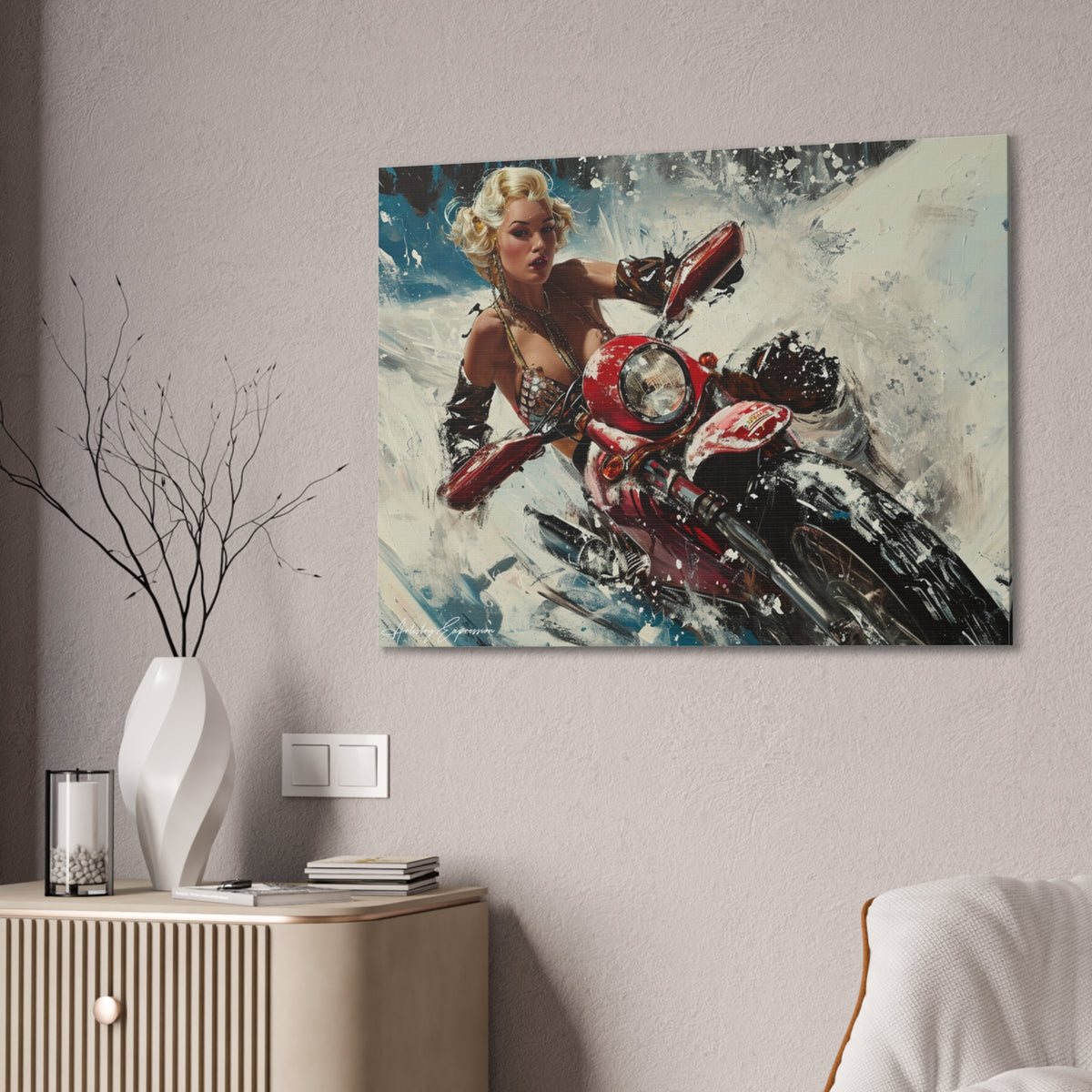 Arctic Vixen: Sleek Motorcycle in Snow