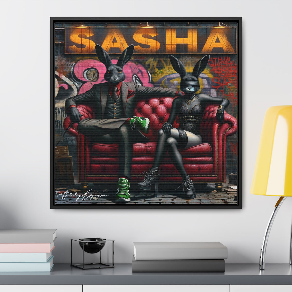 Playful Intrigue: Graffiti Mural with Anthropomorphic Rabbits