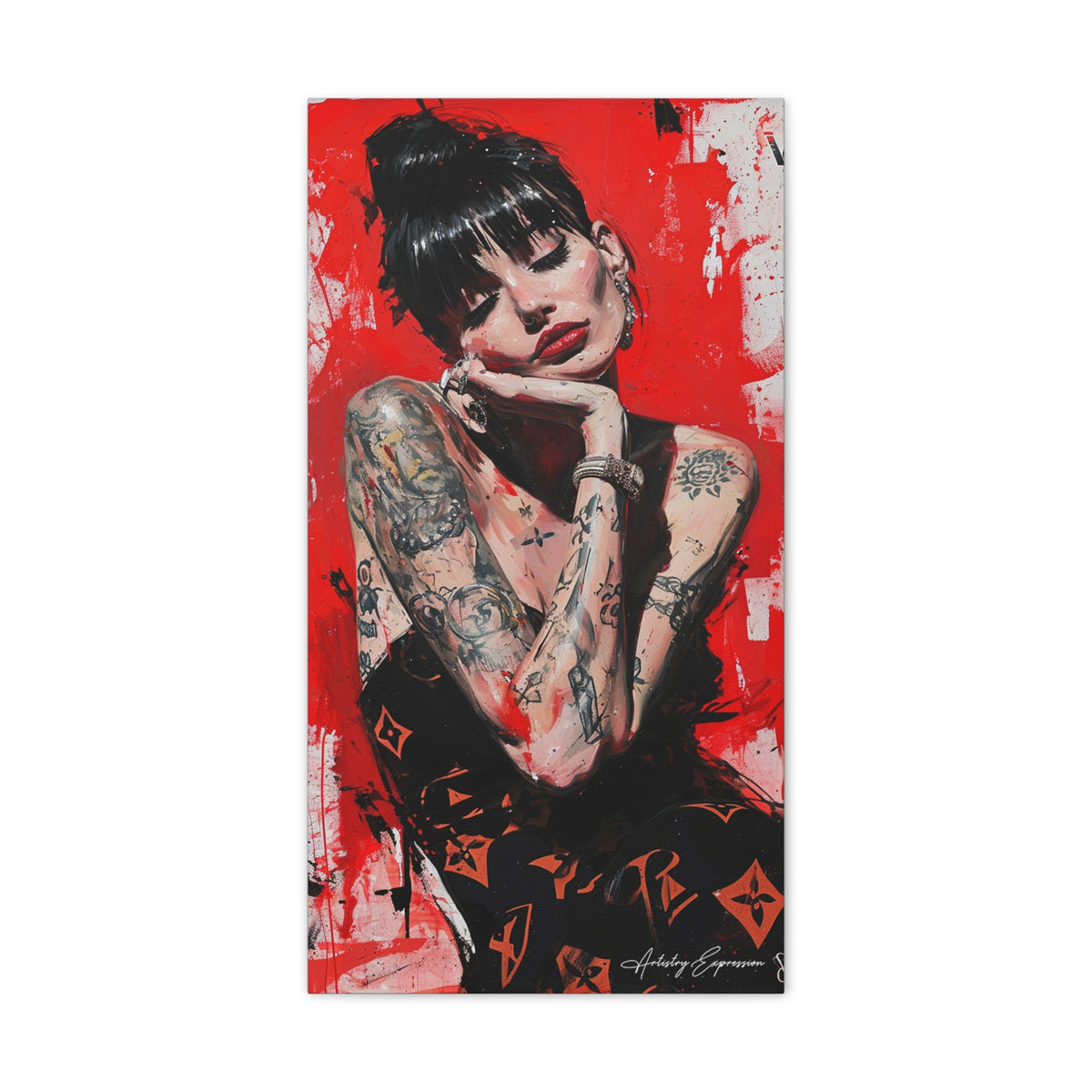Red-Tinted Portrait of a Woman with Tattoos